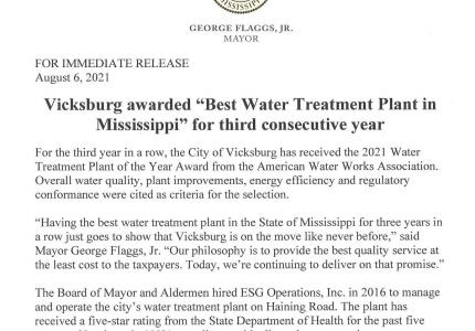 Best Water Treatment Plant in Mississippi for Third Year