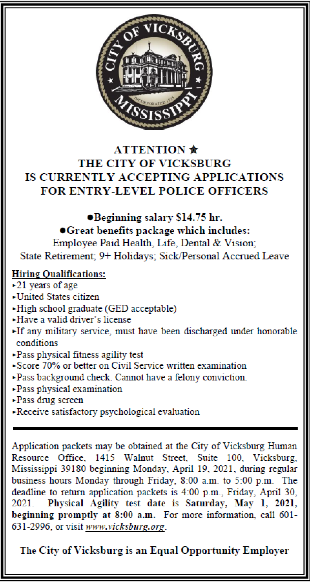 Officers needed - Vicksburg Police Department