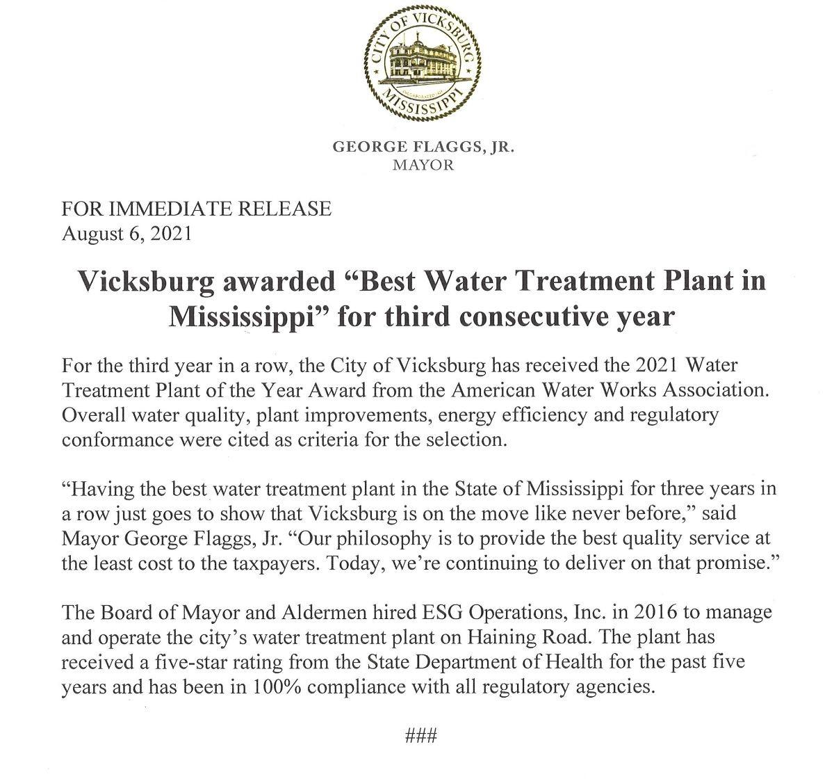 Best Water Treatment Plant in Mississippi for Third Year